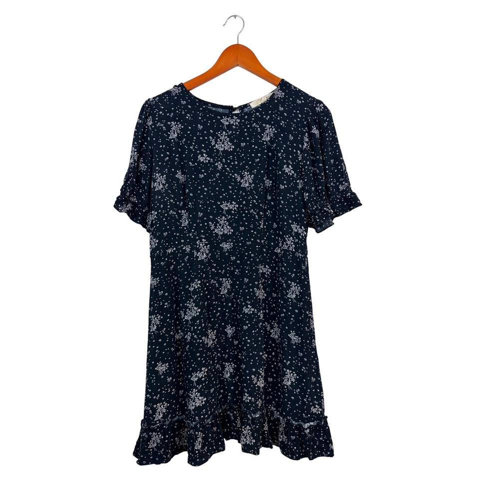 Rewind Womens L Black White Ditsy Floral Ruffle Hem Short Sleeve Mini Dress